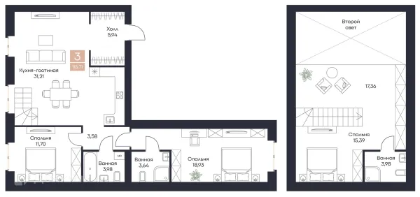 Планировка 3 комн. в ЖК Резиденция Поляна