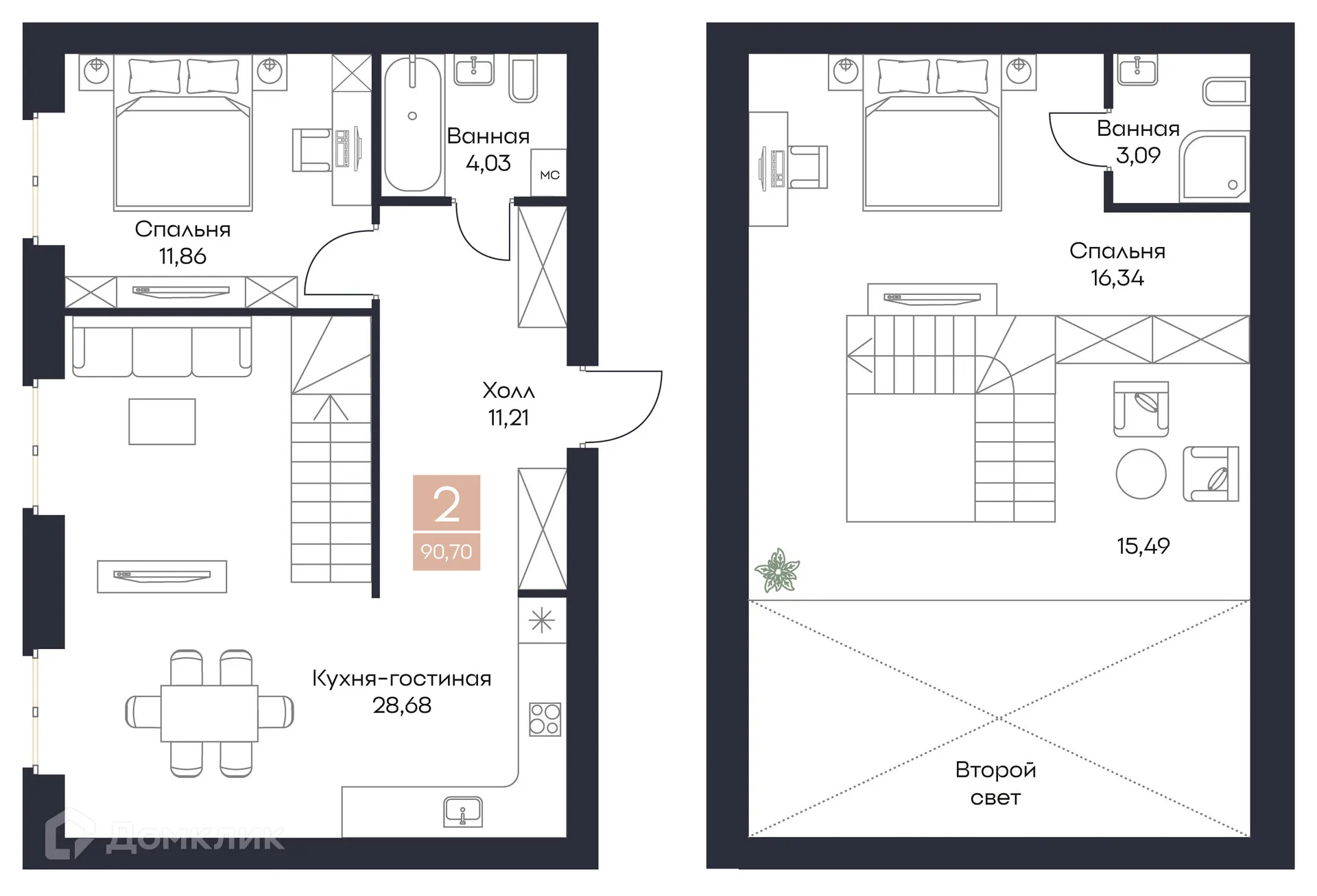Планировка 2-комнатной квартиры 90.7 м² в ЖК Резиденция Поляна, г. Рязань — фото 1