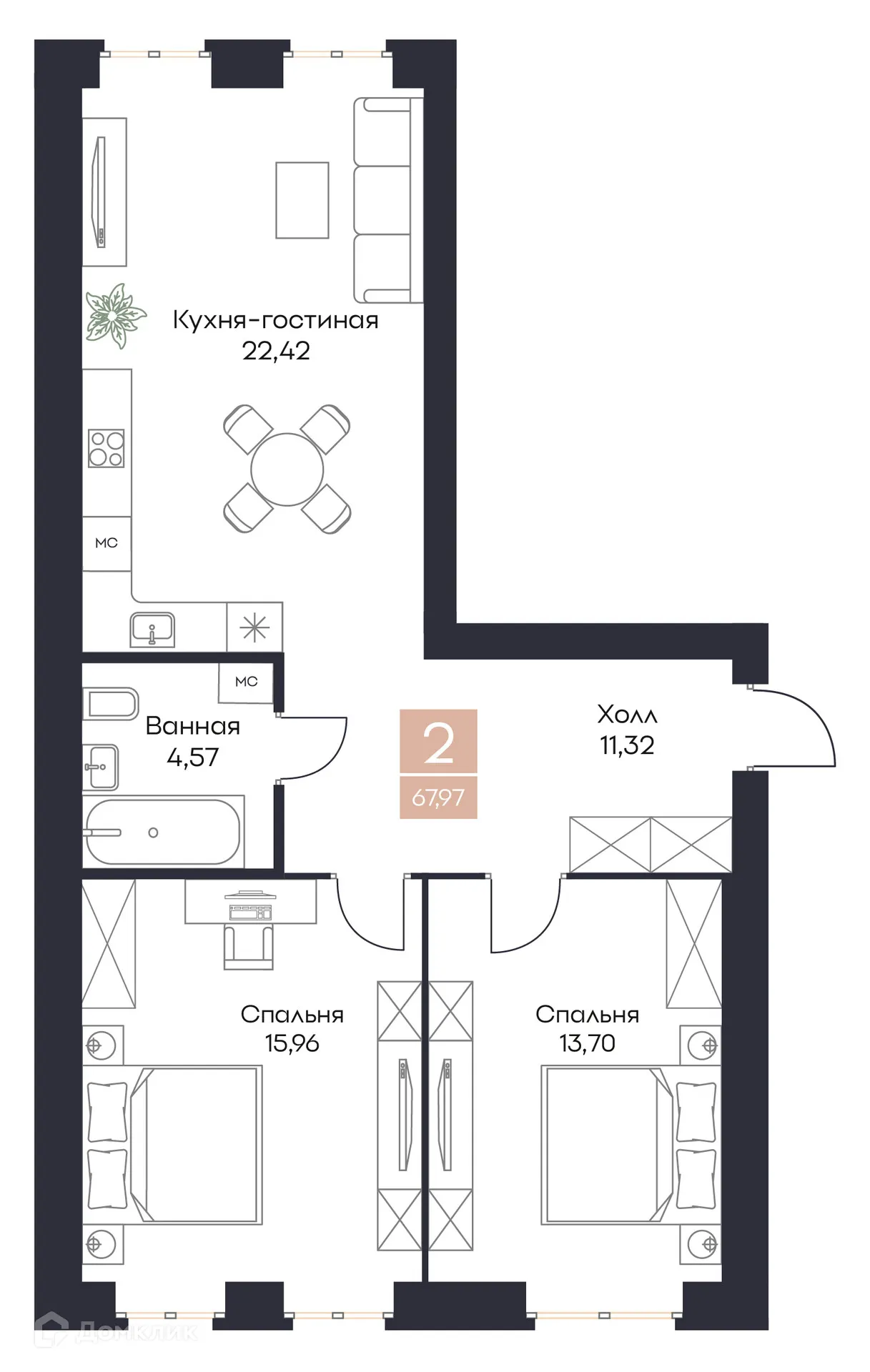 Планировка 2-комнатной квартиры 67.97 м² в ЖК Резиденция Поляна, г. Рязань — фото 1