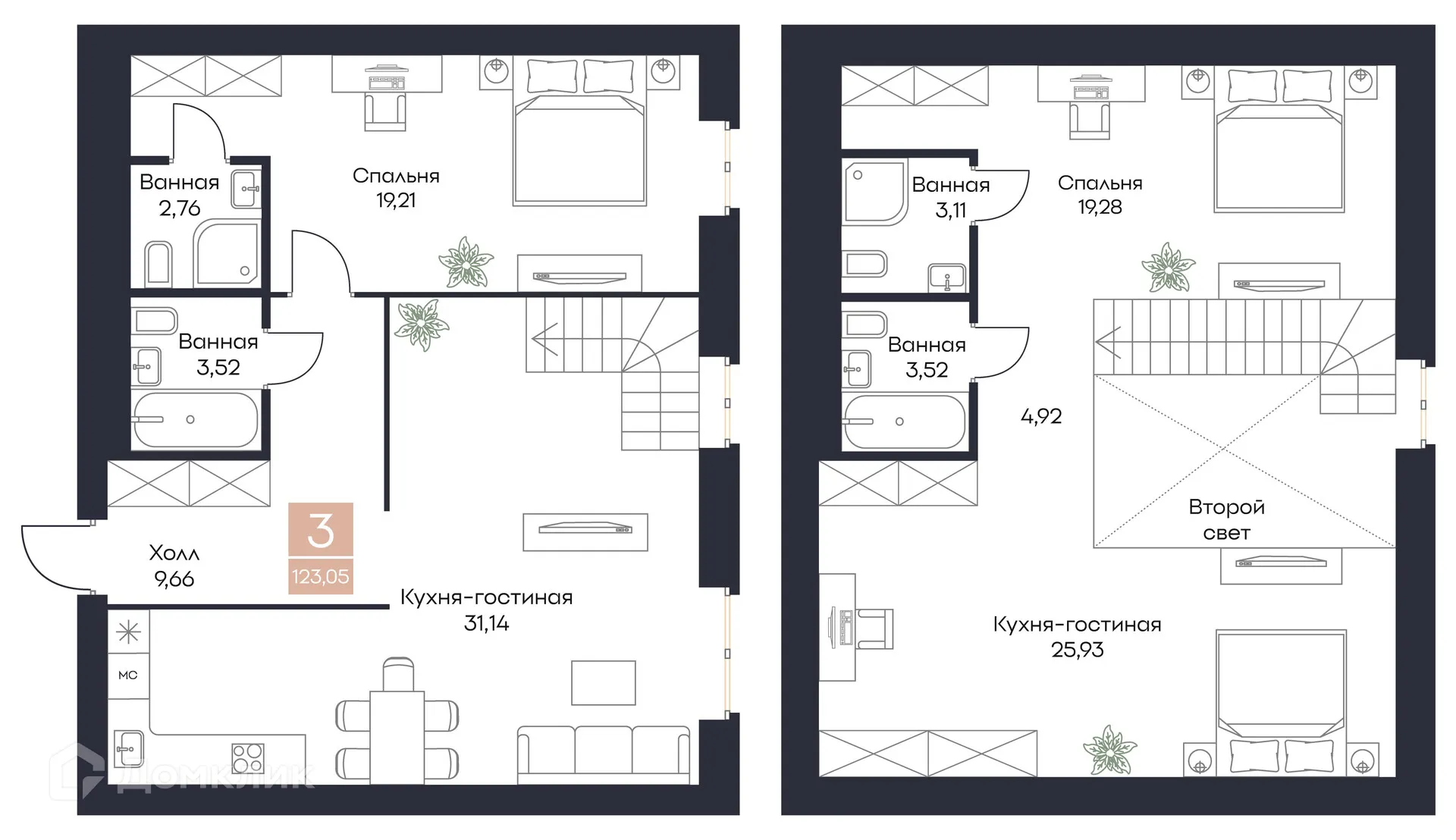 Планировка 3-комнатной квартиры 123.05 м² в ЖК Резиденция Поляна, г. Рязань — фото 1