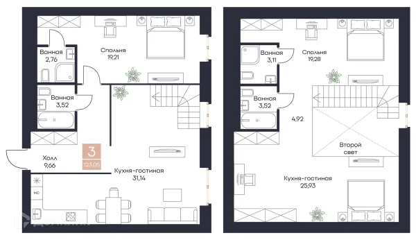 Планировка 3 комн. в ЖК Резиденция Поляна