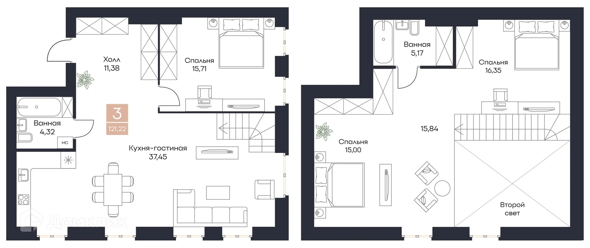 Планировка 3-комнатной квартиры 121.22 м² в ЖК Резиденция Поляна, г. Рязань — фото 1