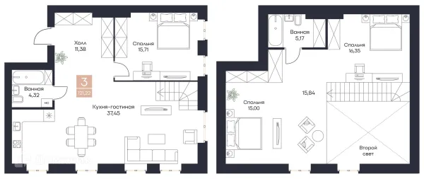 Планировка 3 комн. в ЖК Резиденция Поляна