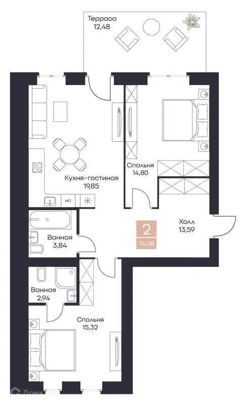 Планировка 2 комн. в ЖК Резиденция Поляна
