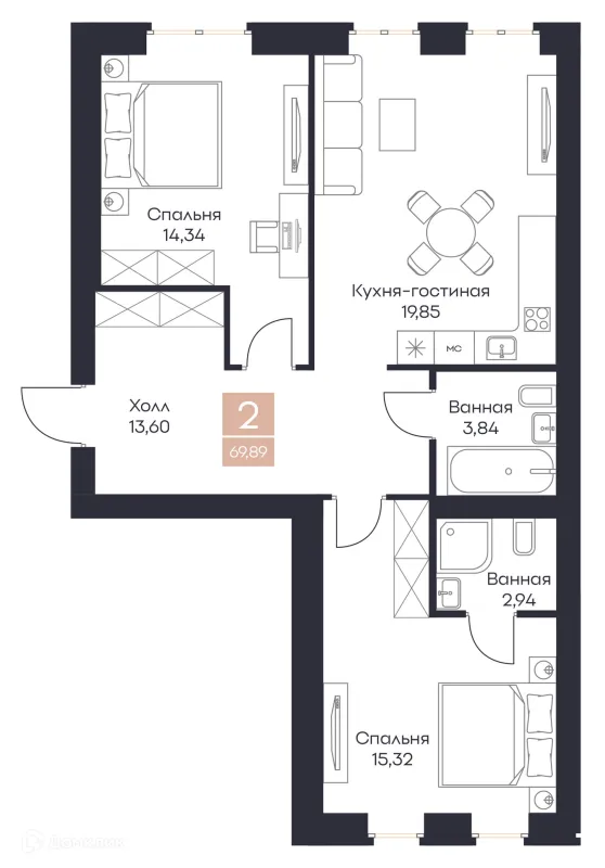 Планировка 2 комн. в ЖК Резиденция Поляна