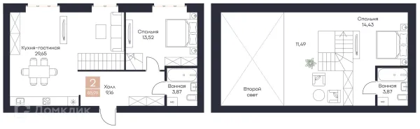 Планировка 2 комн. в ЖК Резиденция Поляна