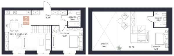 Планировка 2 комн. в ЖК Резиденция Поляна