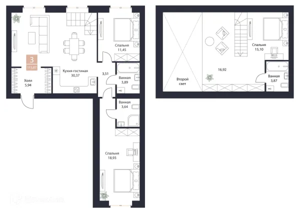 Планировка 3 комн. в ЖК Резиденция Поляна