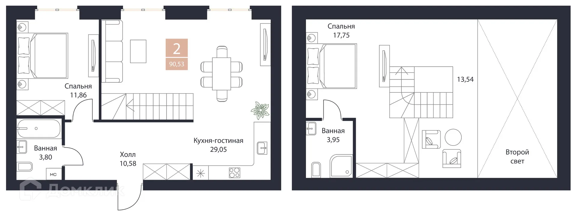Планировка 2-комнатной квартиры 90.53 м² в ЖК Резиденция Поляна, г. Рязань — фото 1