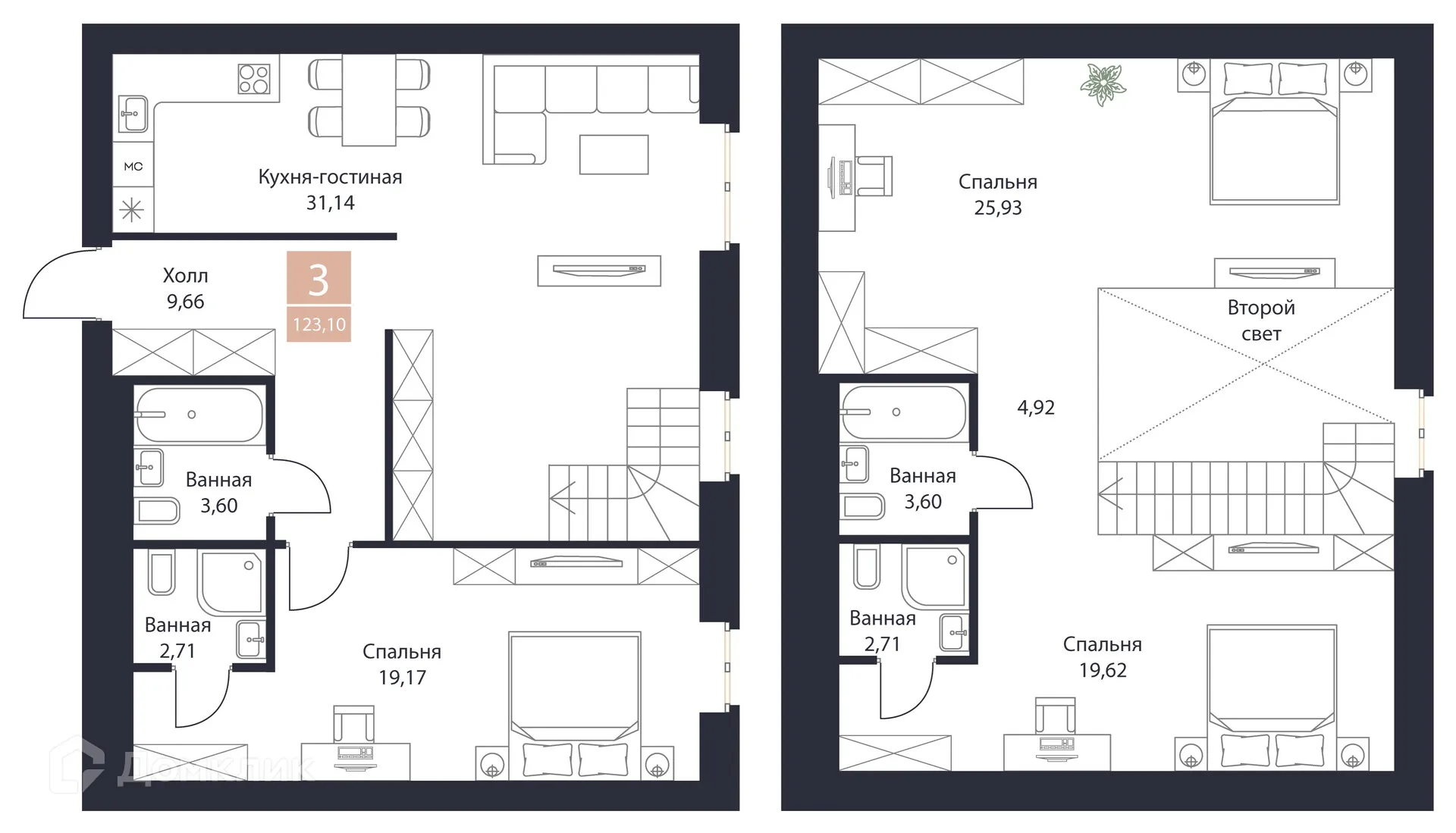 Планировка 3-комнатной квартиры 123.1 м² в ЖК Резиденция Поляна, г. Рязань — фото 1