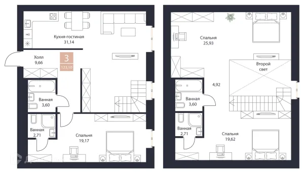 Планировка 3 комн. в ЖК Резиденция Поляна