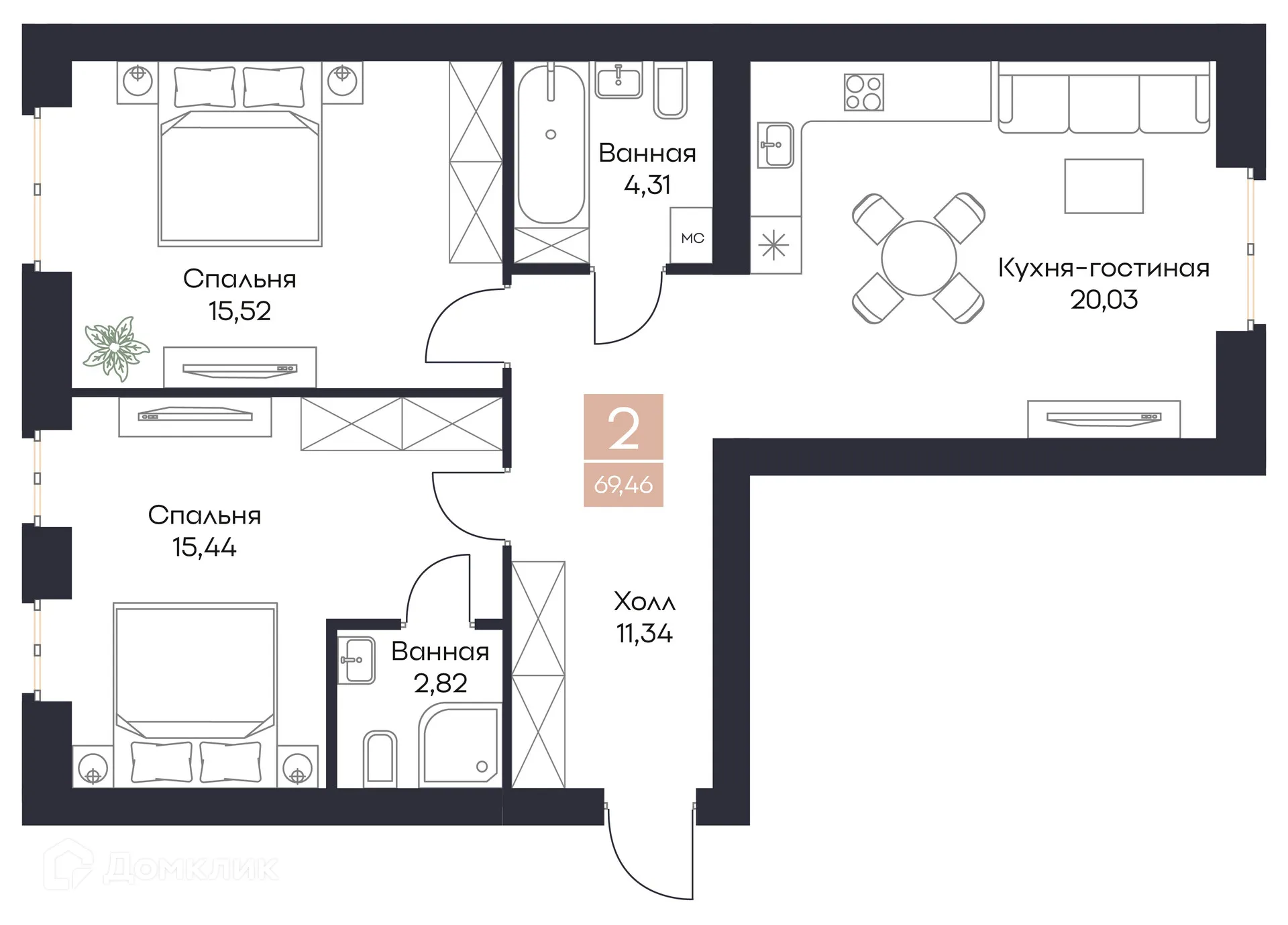 Планировка 2-комнатной квартиры 69.46 м² в ЖК Резиденция Поляна, г. Рязань — фото 1