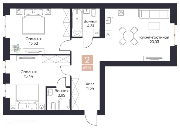 Планировка 2 комн. в ЖК Резиденция Поляна