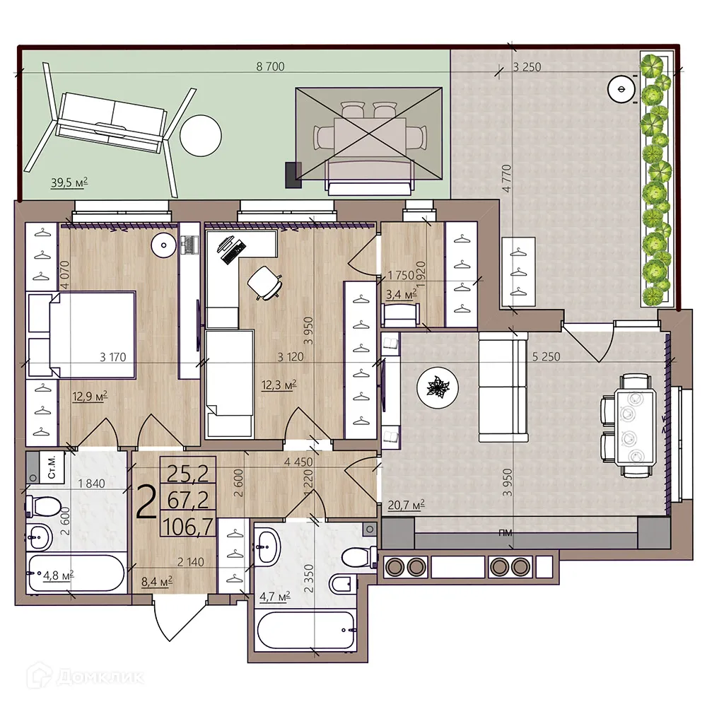 Планировка 2-комнатной квартиры 106.7 м² в ЖК Окская стрелка, г. Рязань — фото 1