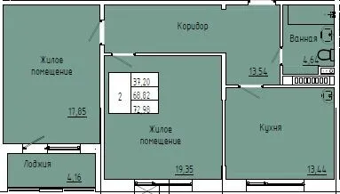 Планировка 2-комнатной квартиры 70.9 м² в ЖК Green Town (Грин Таун), г. Южно-Сахалинск — фото 1