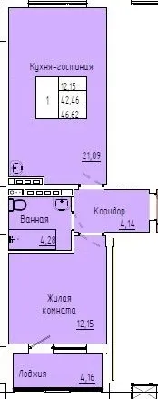 Планировка 1-комнатной квартиры 44.93 м² в ЖК Green Town (Грин Таун), г. Южно-Сахалинск — фото 1