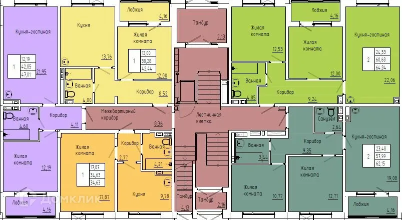 Планировка 1-комнатной квартиры 44.93 м² в ЖК Green Town (Грин Таун), г. Южно-Сахалинск — фото 2