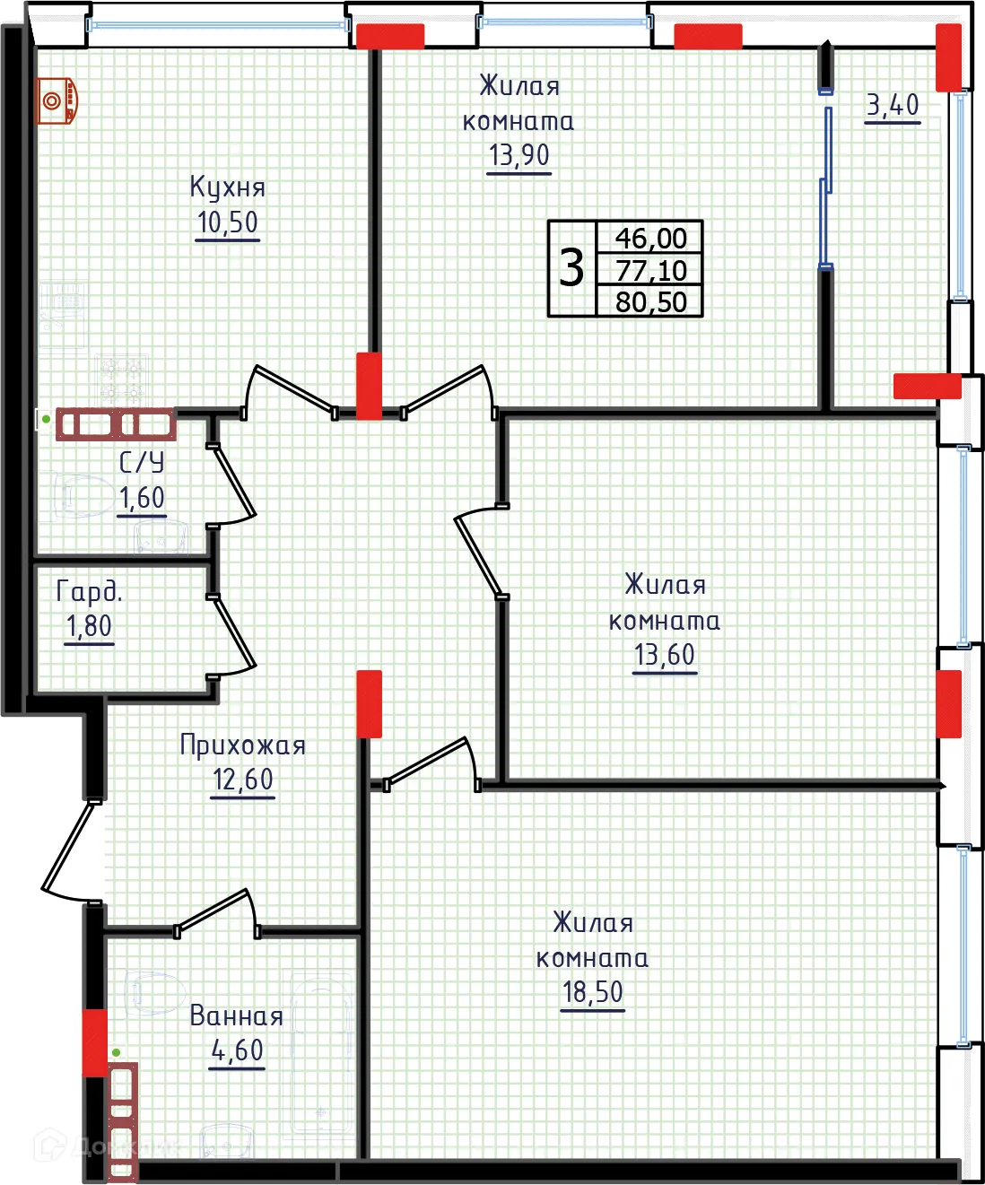 Планировка 3-комнатной квартиры 80.5 м² в ЖК "Суворов", г. Ставрополь — фото 1