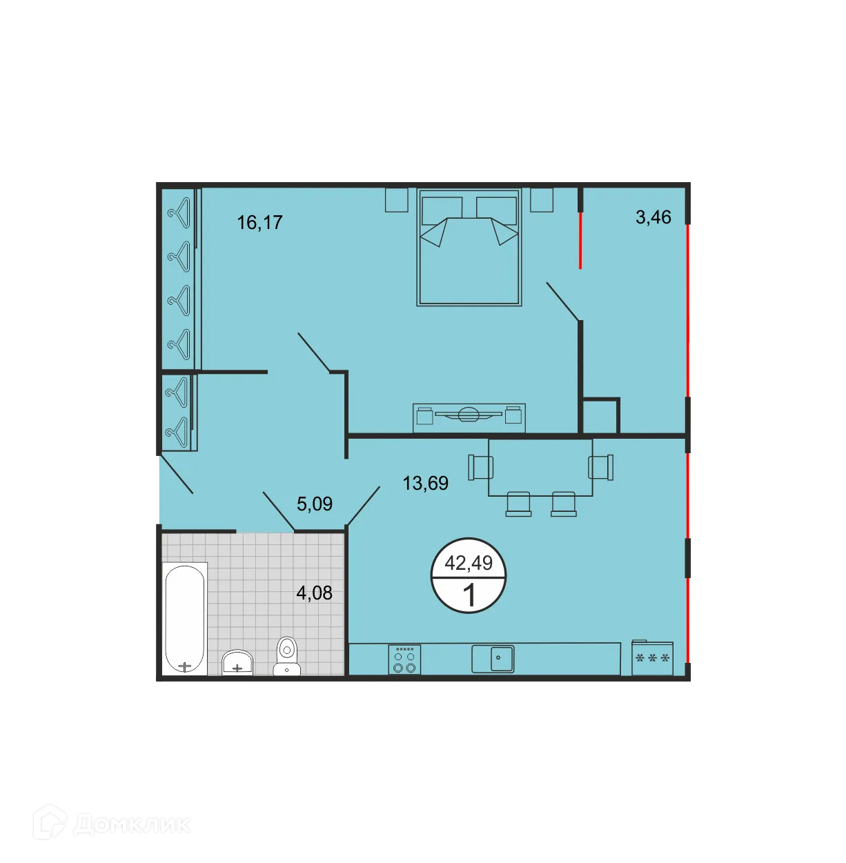 Планировка 1-комнатной квартиры 42.49 м² в ЖК Дыхание, г. Ставрополь — фото 1