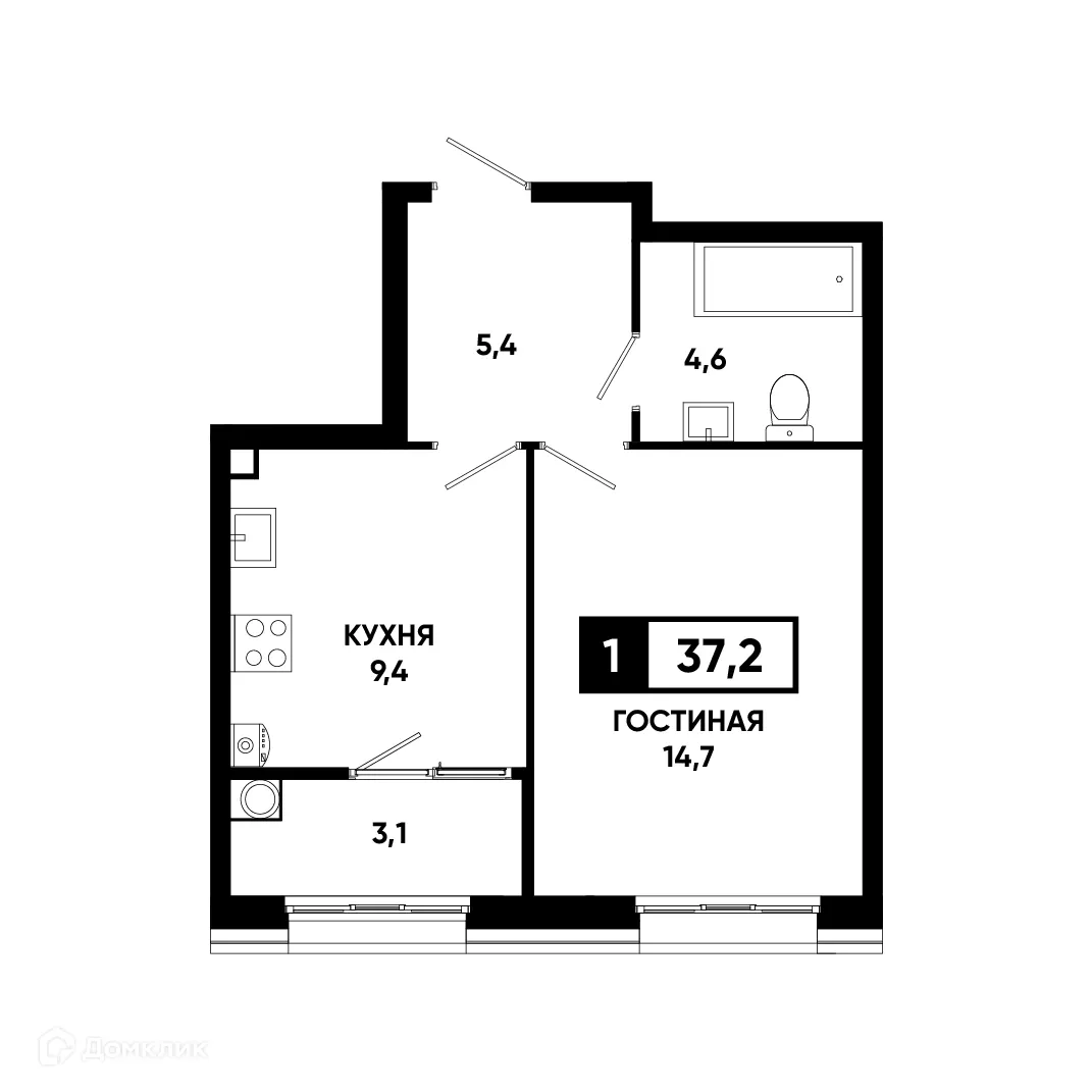 Планировка 1-комнатной квартиры 37.2 м² в ЖК Основа, г. Ставрополь — фото 1