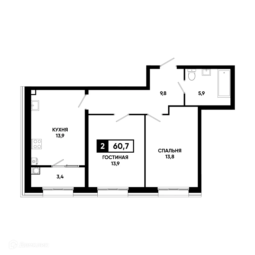 Планировка 2-комнатной квартиры 60.7 м² в ЖК Основа, г. Ставрополь — фото 1