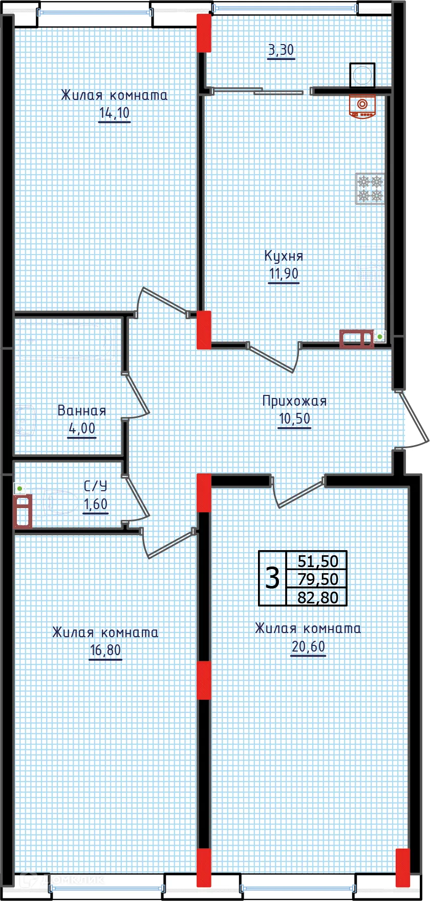 Планировка 3-комнатной квартиры 82.8 м² в ЖК "Суворов", г. Ставрополь — фото 1