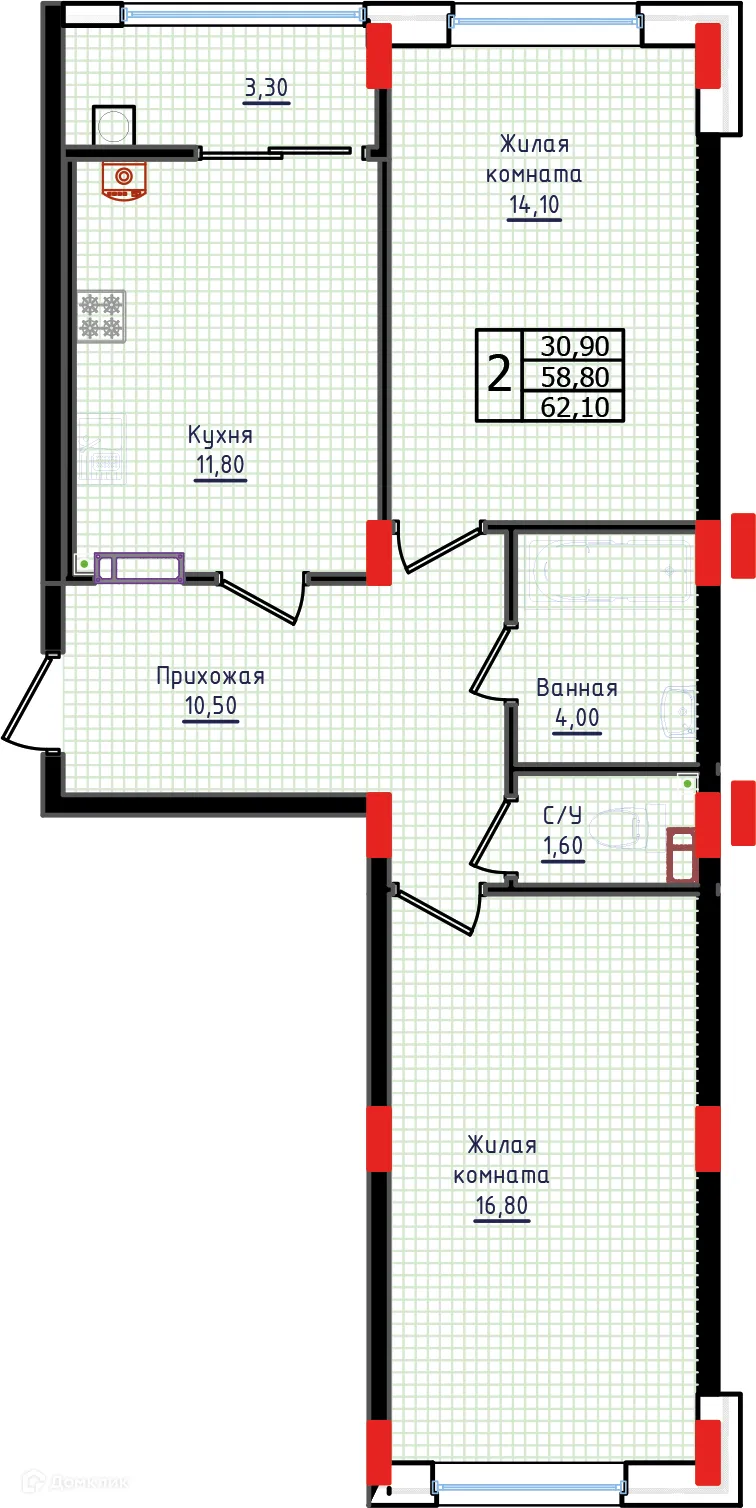 Планировка 2-комнатной квартиры 62.1 м² в ЖК "Суворов", г. Ставрополь — фото 1