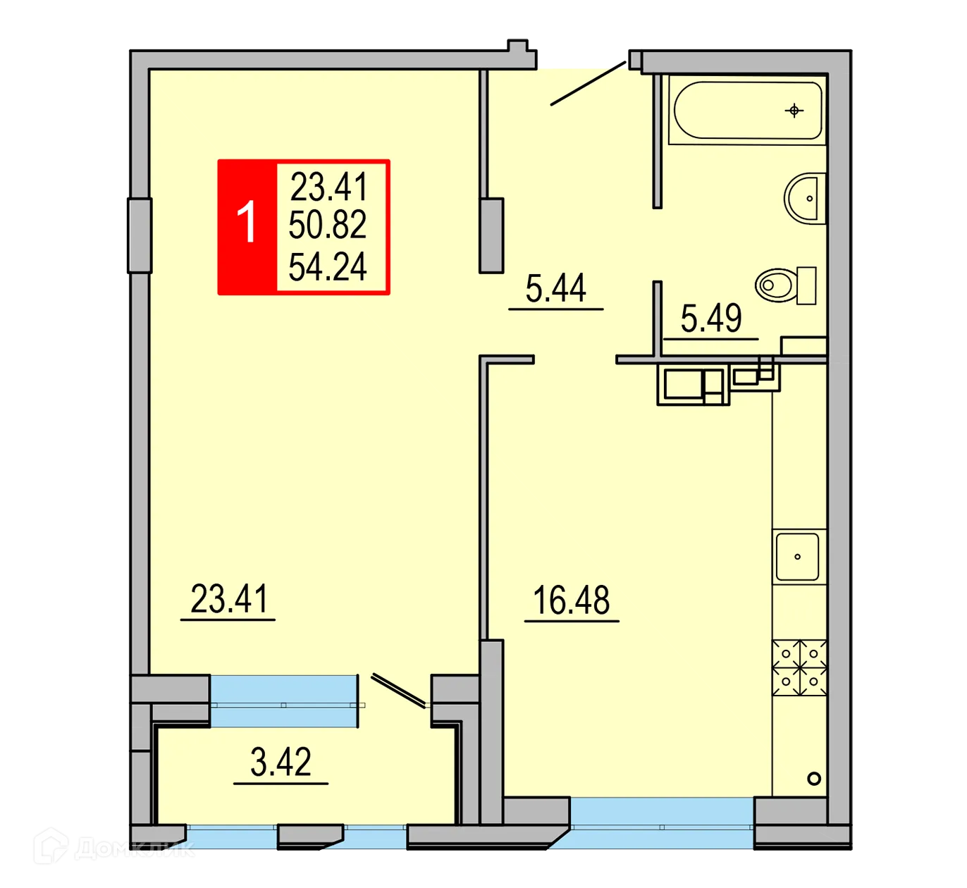 Планировка 1-комнатной квартиры 54.24 м² в ЖК Заволжский Берег", г. Тверь — фото 1