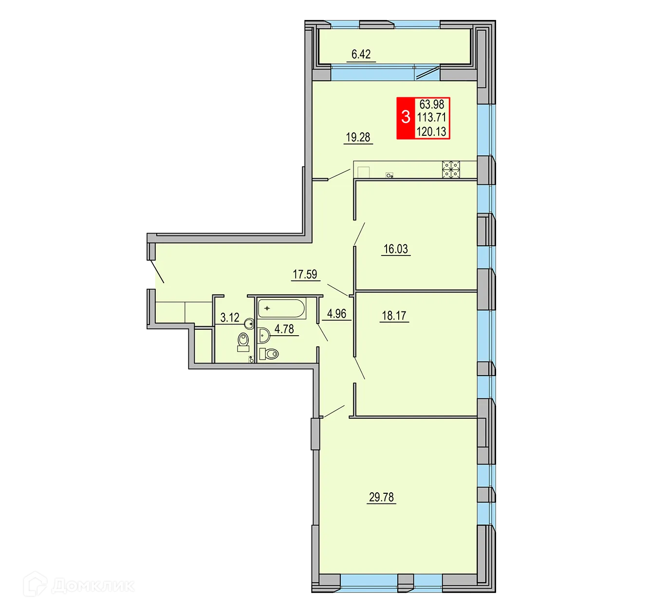 Планировка 3-комнатной квартиры 120.13 м² в ЖК Заволжский Берег", г. Тверь — фото 1