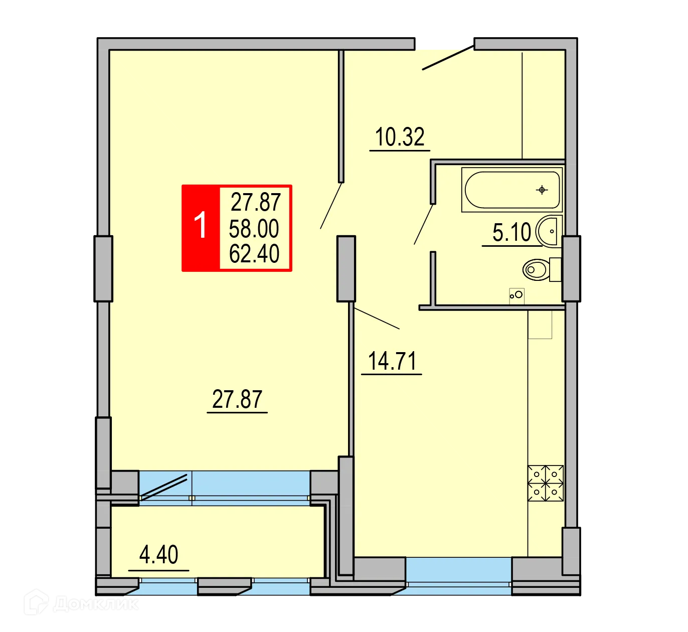 Планировка 1-комнатной квартиры 62.4 м² в ЖК Заволжский Берег", г. Тверь — фото 1