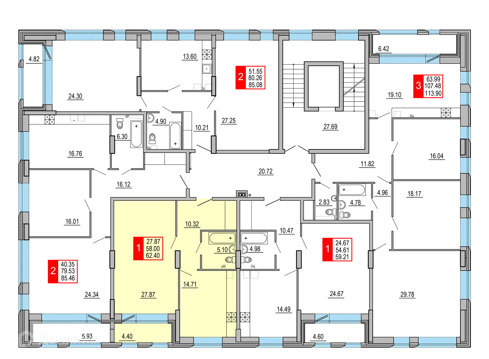 Планировка 1-комнатной квартиры 62.4 м² в ЖК Заволжский Берег", г. Тверь — фото 2