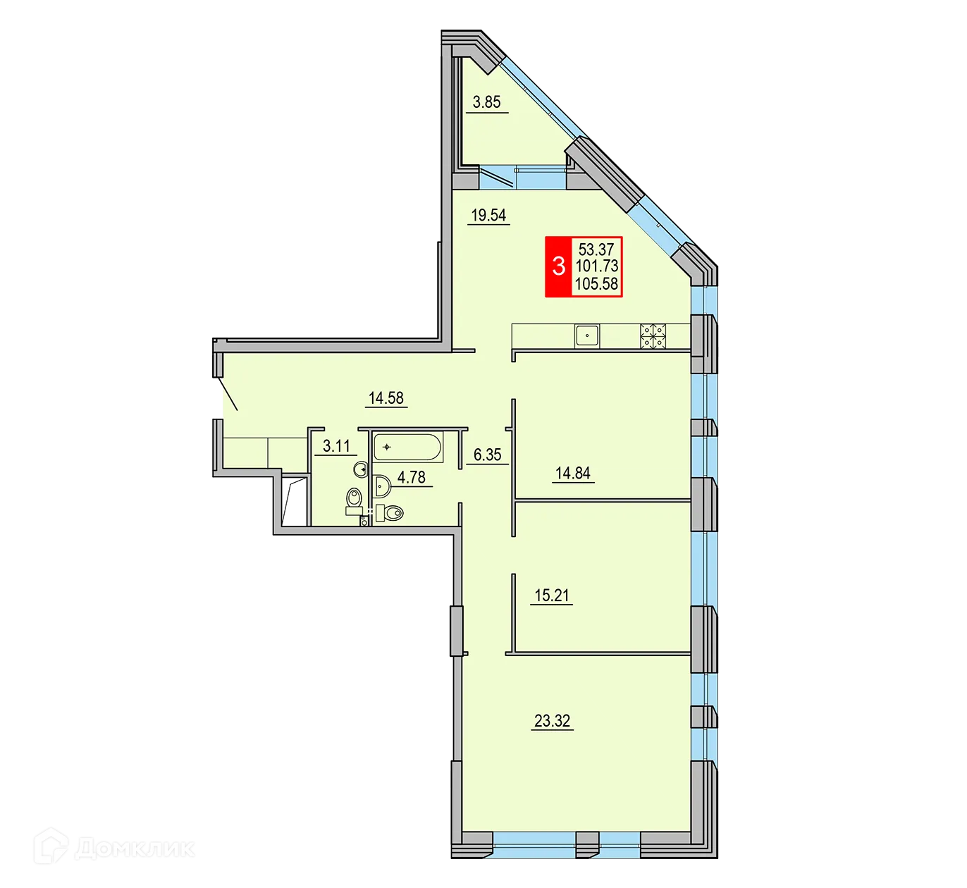 Планировка 3-комнатной квартиры 105.58 м² в ЖК Заволжский Берег", г. Тверь — фото 1