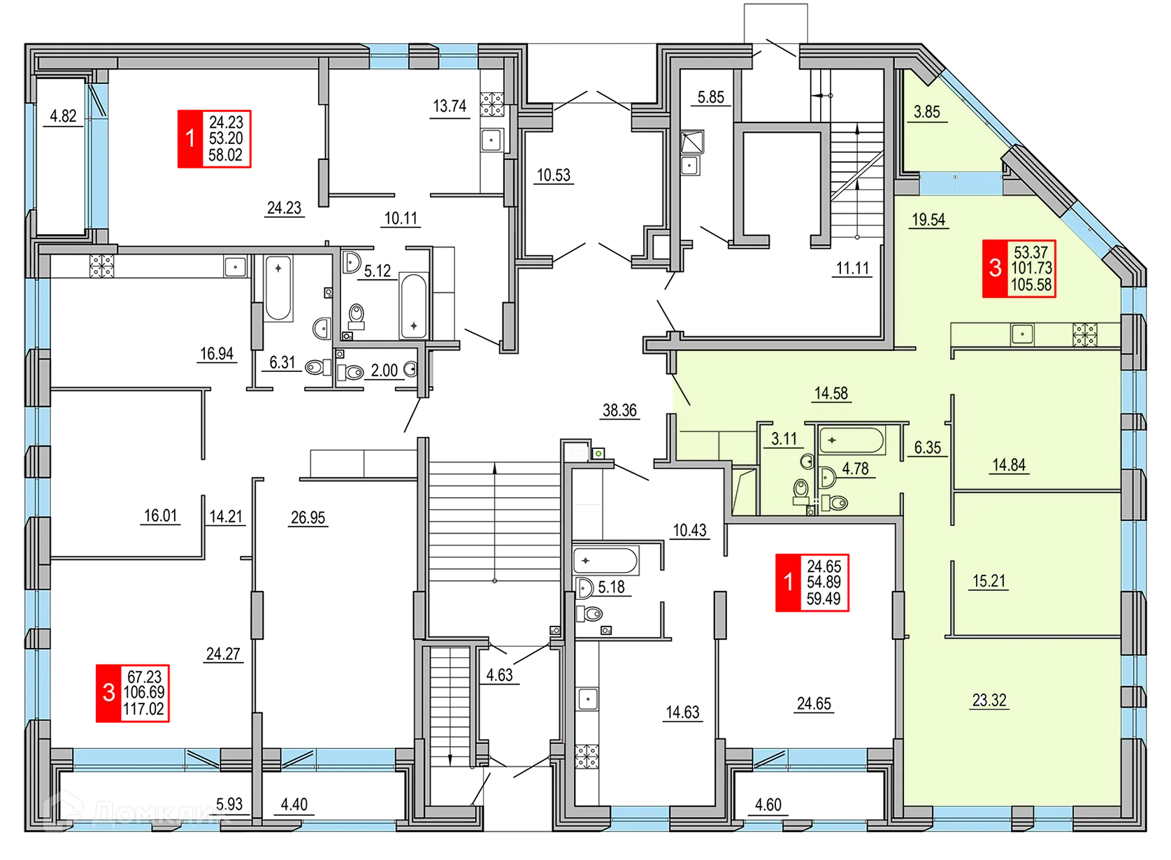 Планировка 3-комнатной квартиры 105.58 м² в ЖК Заволжский Берег", г. Тверь — фото 2