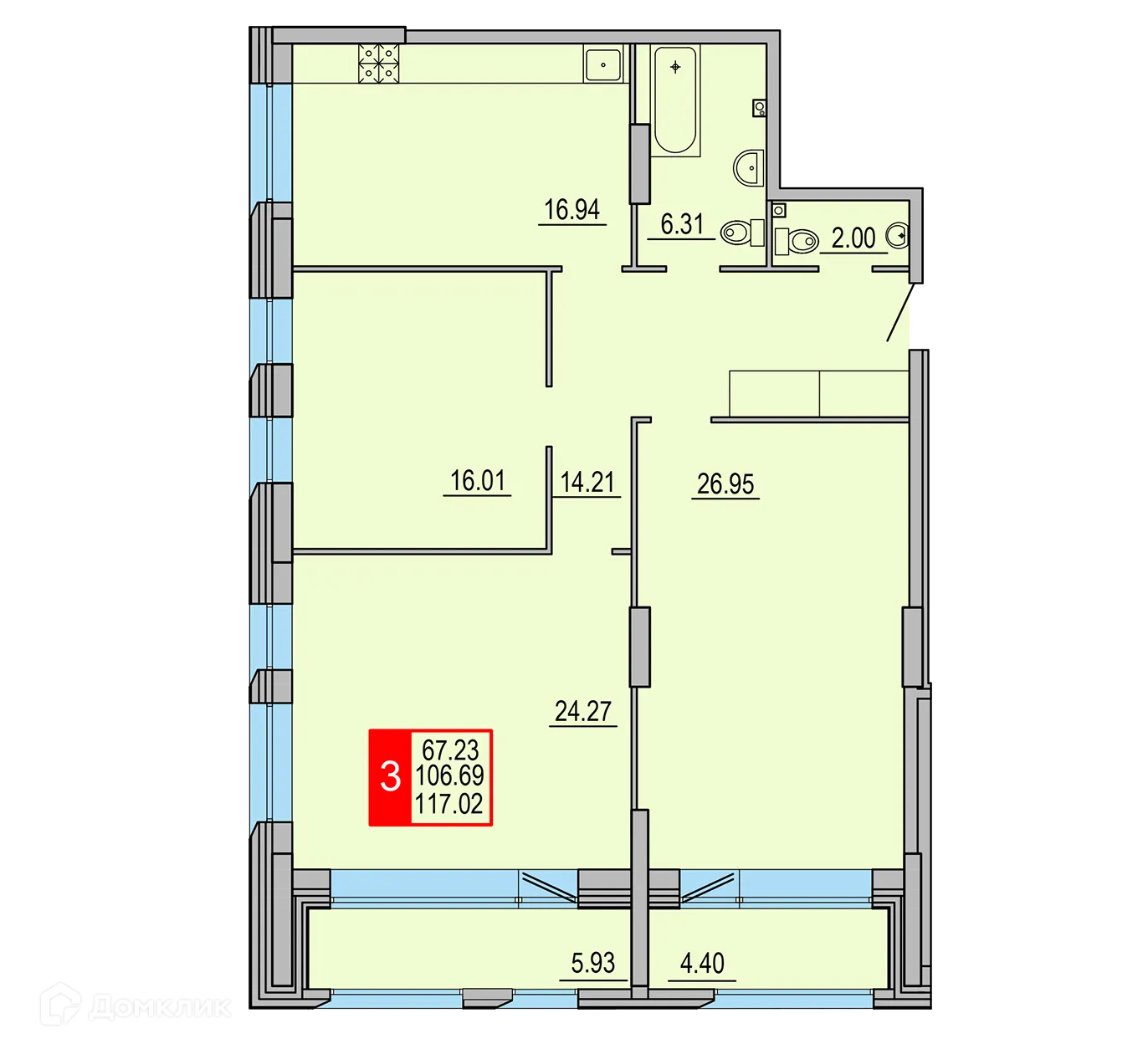 Планировка 3-комнатной квартиры 117.02 м² в ЖК Заволжский Берег", г. Тверь — фото 1