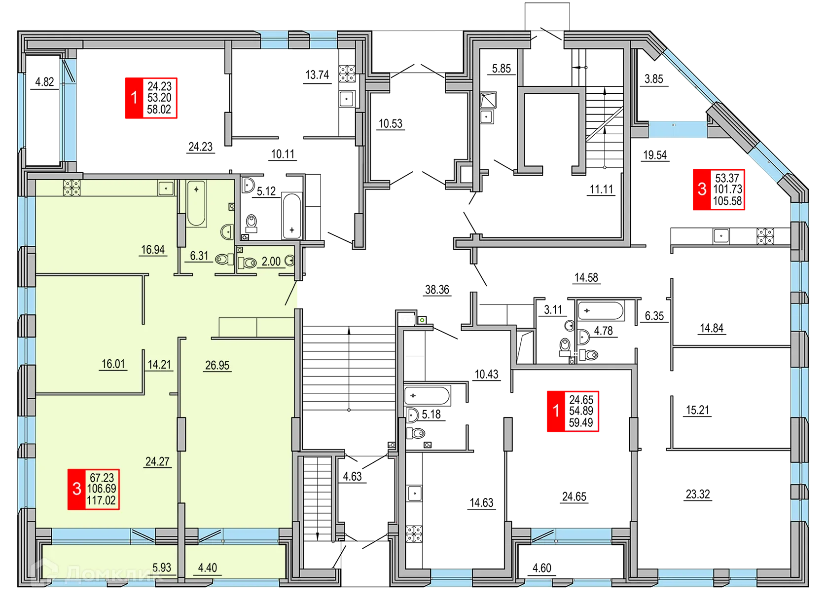 Планировка 3-комнатной квартиры 117.02 м² в ЖК Заволжский Берег", г. Тверь — фото 2