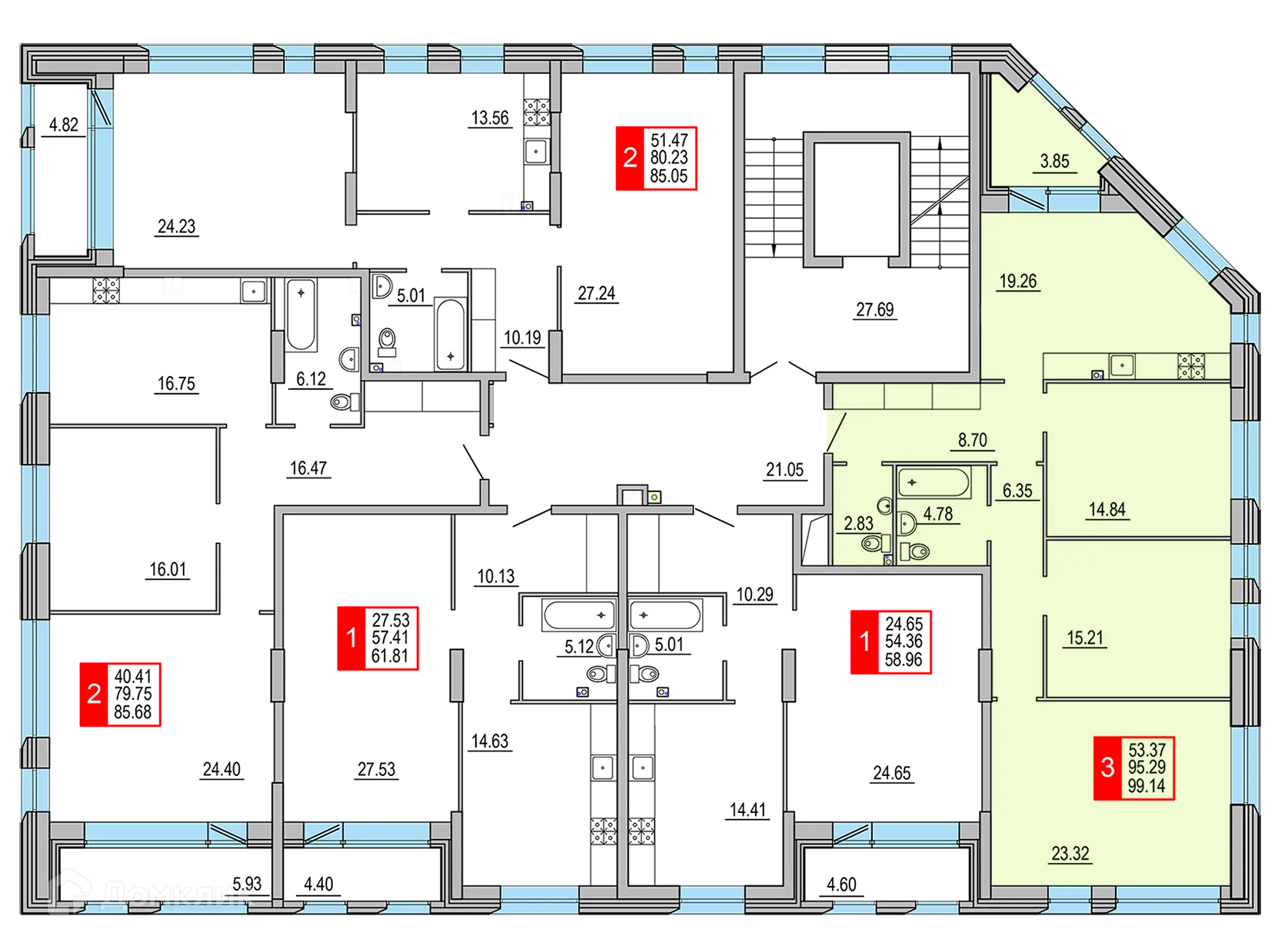 Планировка 3-комнатной квартиры 99.14 м² в ЖК Заволжский Берег", г. Тверь — фото 2