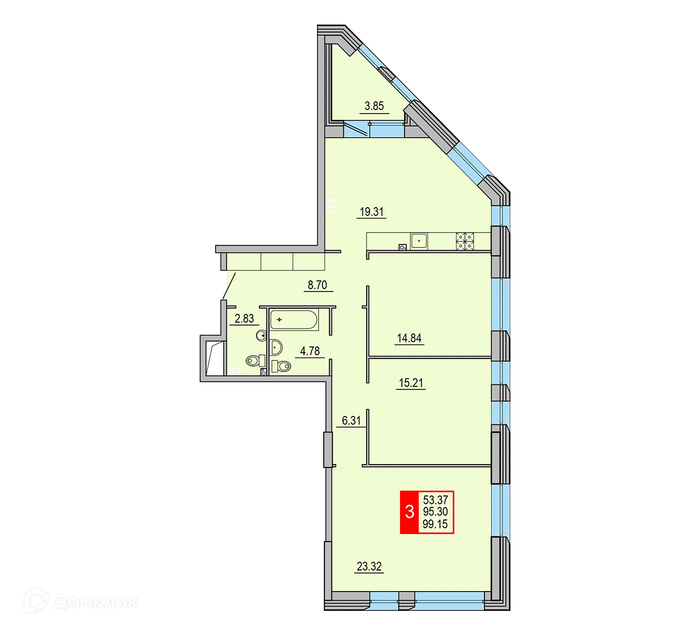 Планировка 3-комнатной квартиры 99.15 м² в ЖК Заволжский Берег", г. Тверь — фото 1