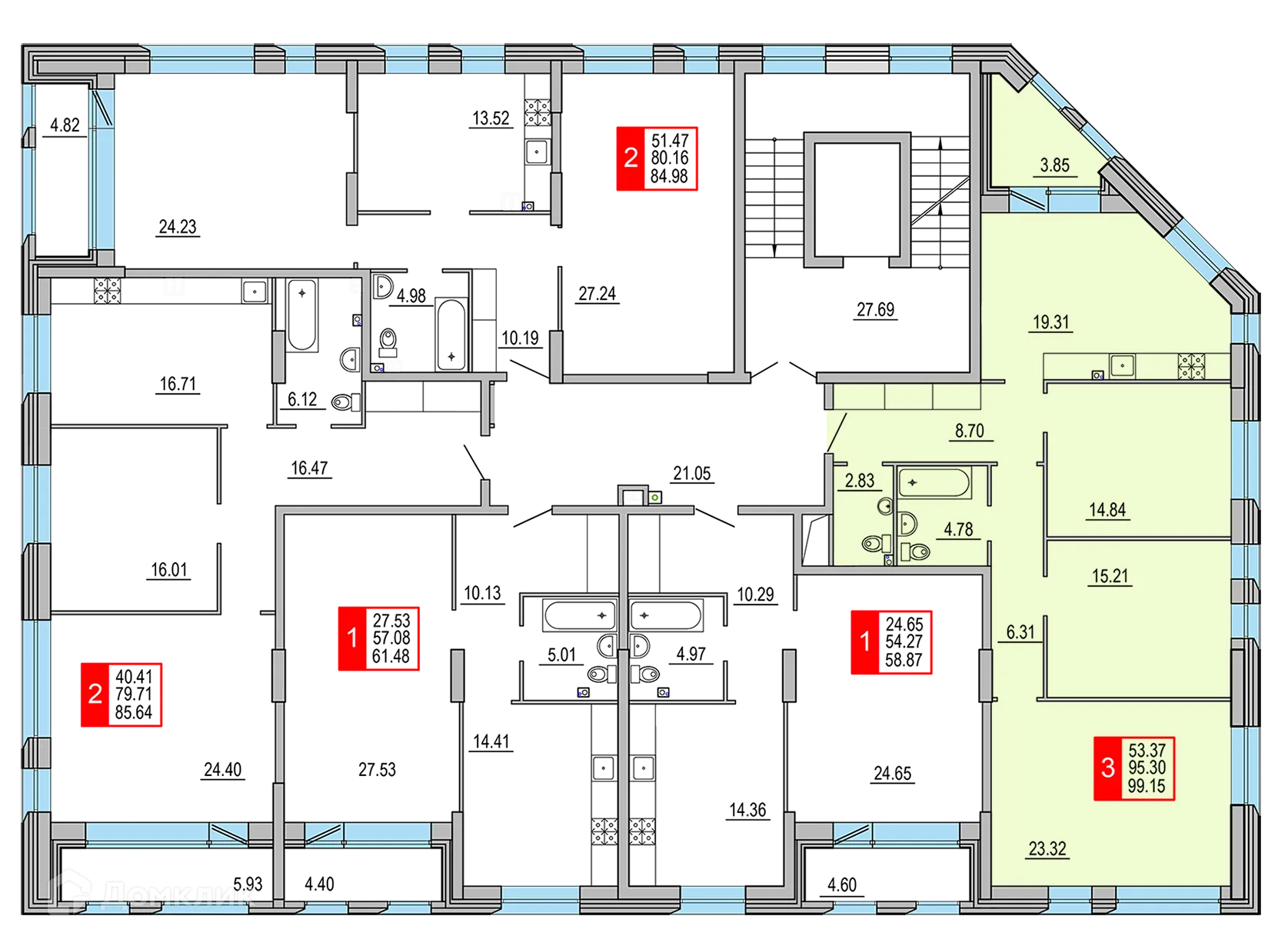 Планировка 3-комнатной квартиры 99.15 м² в ЖК Заволжский Берег", г. Тверь — фото 2