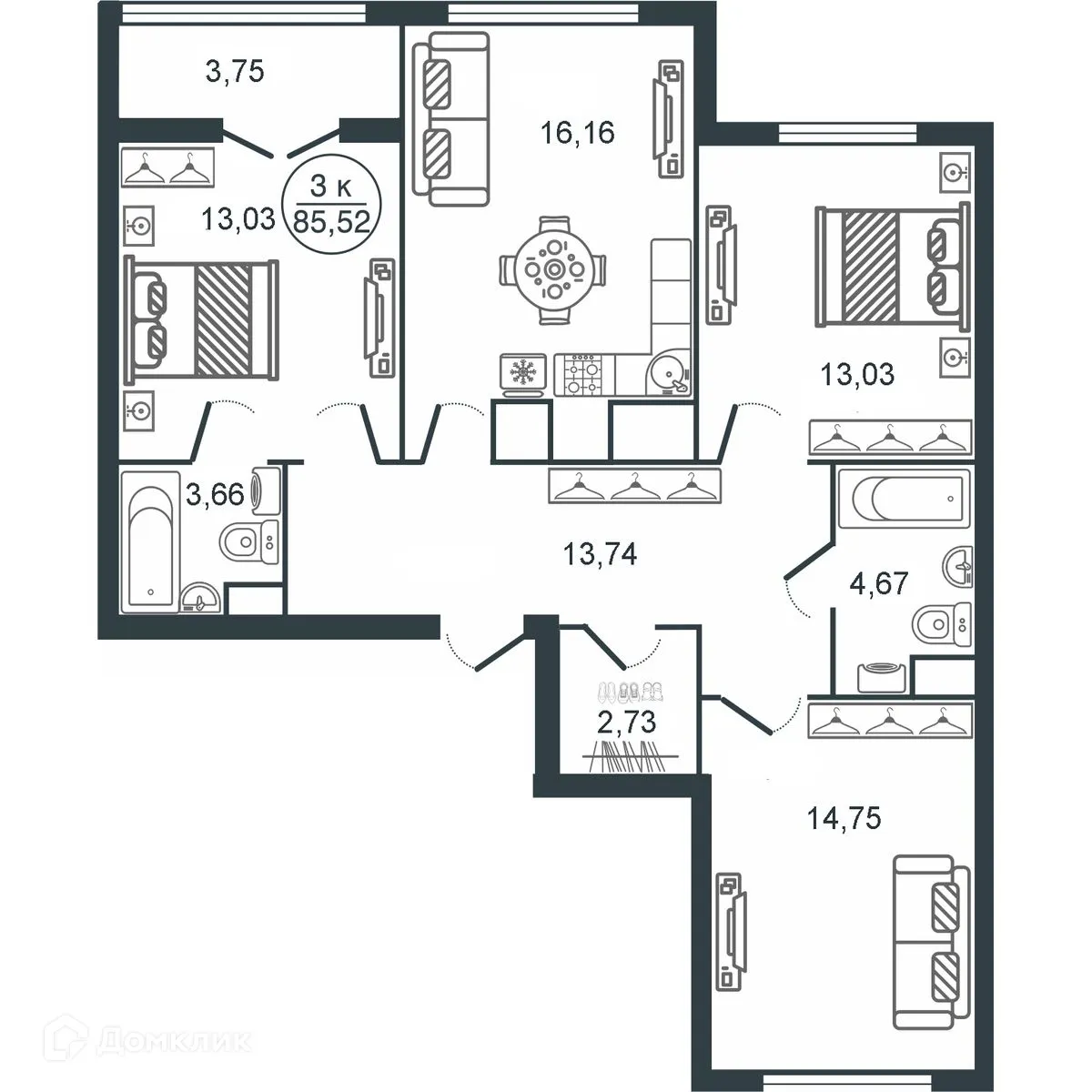 Планировка 3-комнатной квартиры 85.52 м² в ЖК "Botanica (Ботаника)", г. Тверь — фото 1