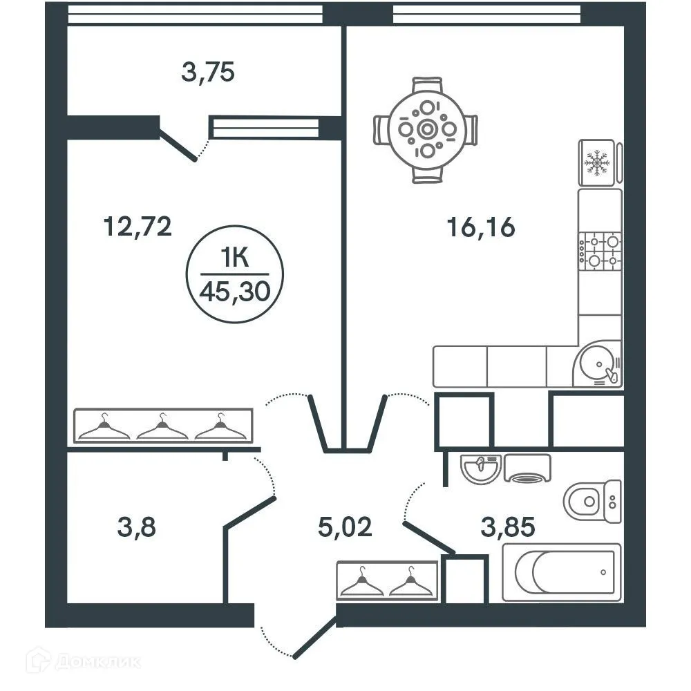 Планировка 1-комнатной квартиры 45.3 м² в ЖК "Botanica (Ботаника)", г. Тверь — фото 1