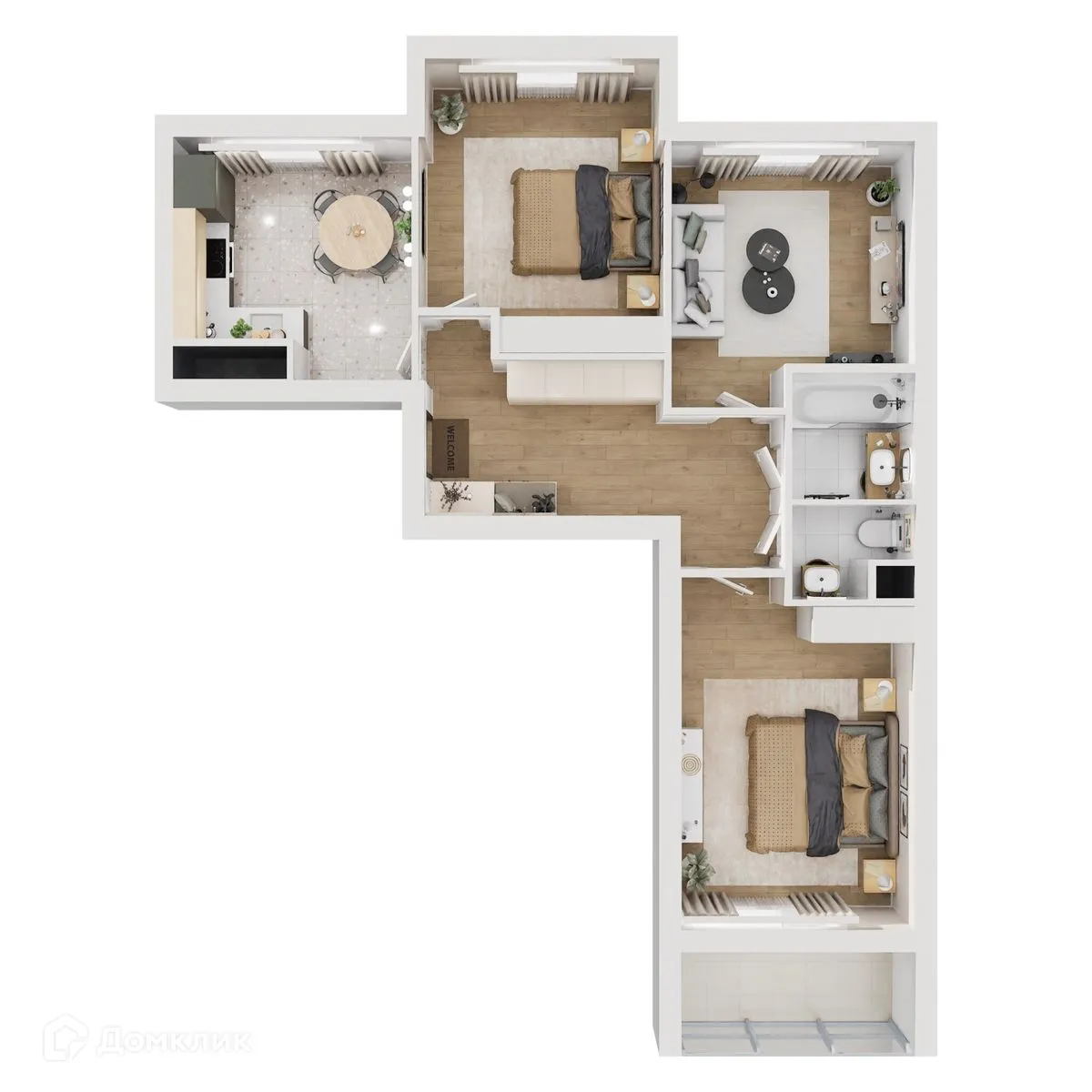 Планировка 3-комнатной квартиры 72.77 м² в ЖК "Botanica (Ботаника)", г. Тверь — фото 2