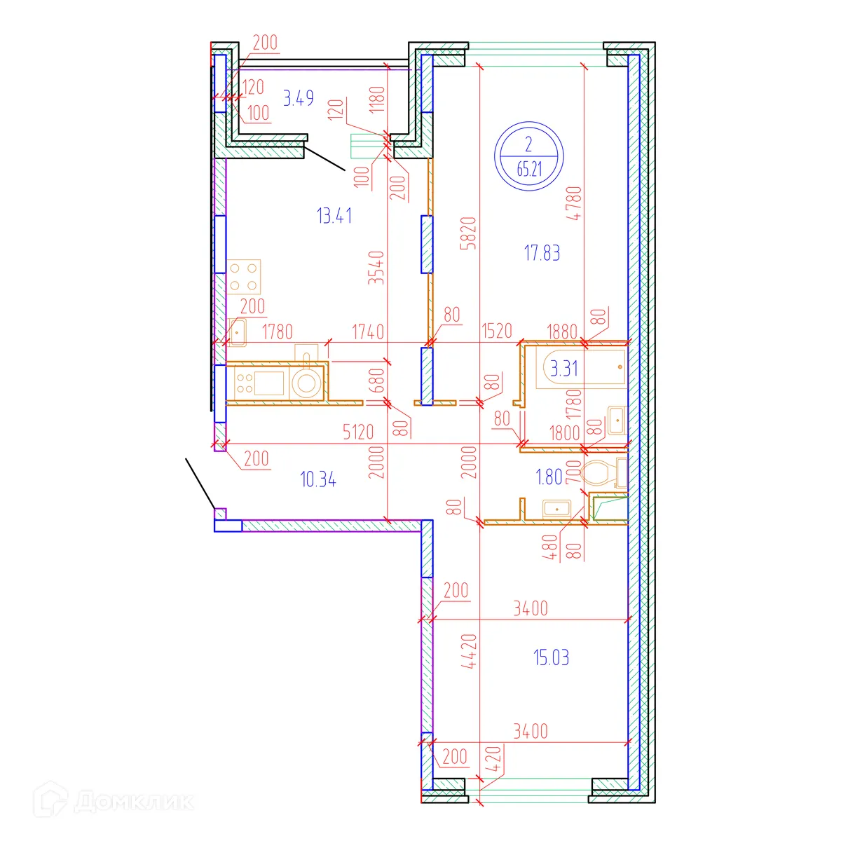 Планировка 2-комнатной квартиры 65.21 м² в ЖК "Botanica (Ботаника)", г. Тверь — фото 3