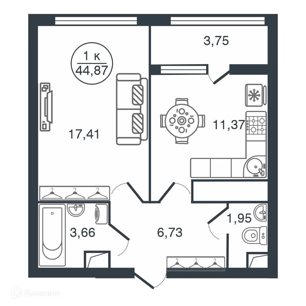 Планировка 1-комнатной квартиры 44.87 м² в ЖК "Botanica (Ботаника)", г. Тверь — фото 1