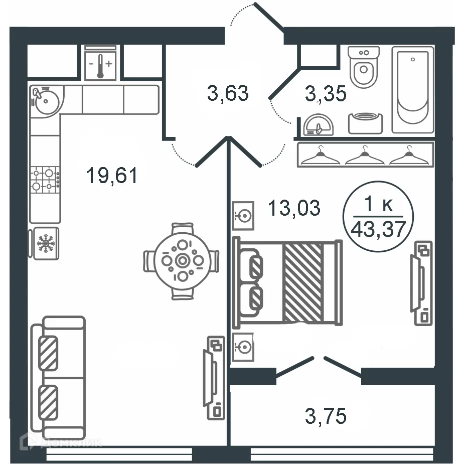 Планировка 1-комнатной квартиры 43.37 м² в ЖК "Botanica (Ботаника)", г. Тверь — фото 1