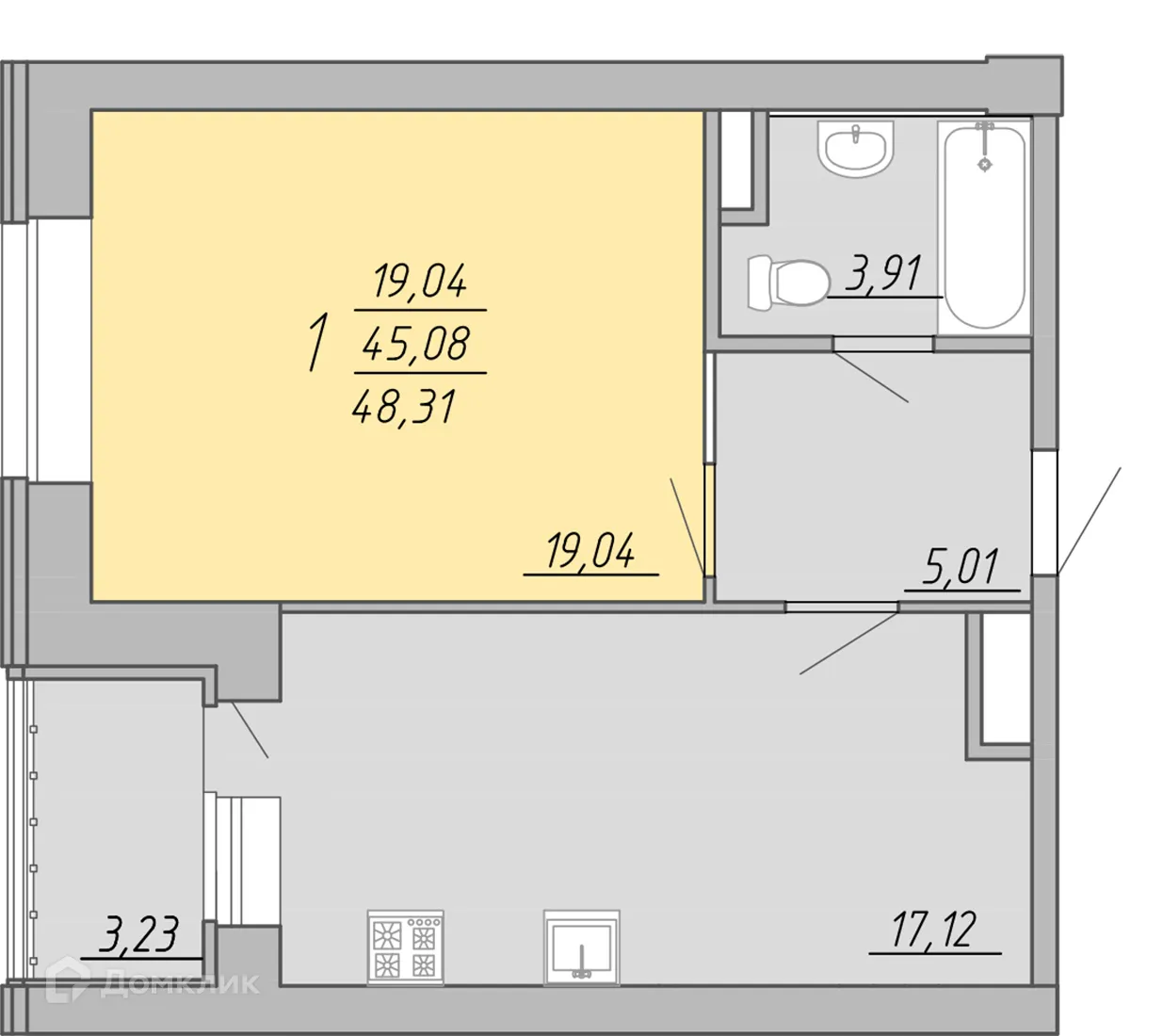 Планировка 1-комнатной квартиры 48.31 м² в ЖК Дом на Озерной, г. Тверь — фото 1