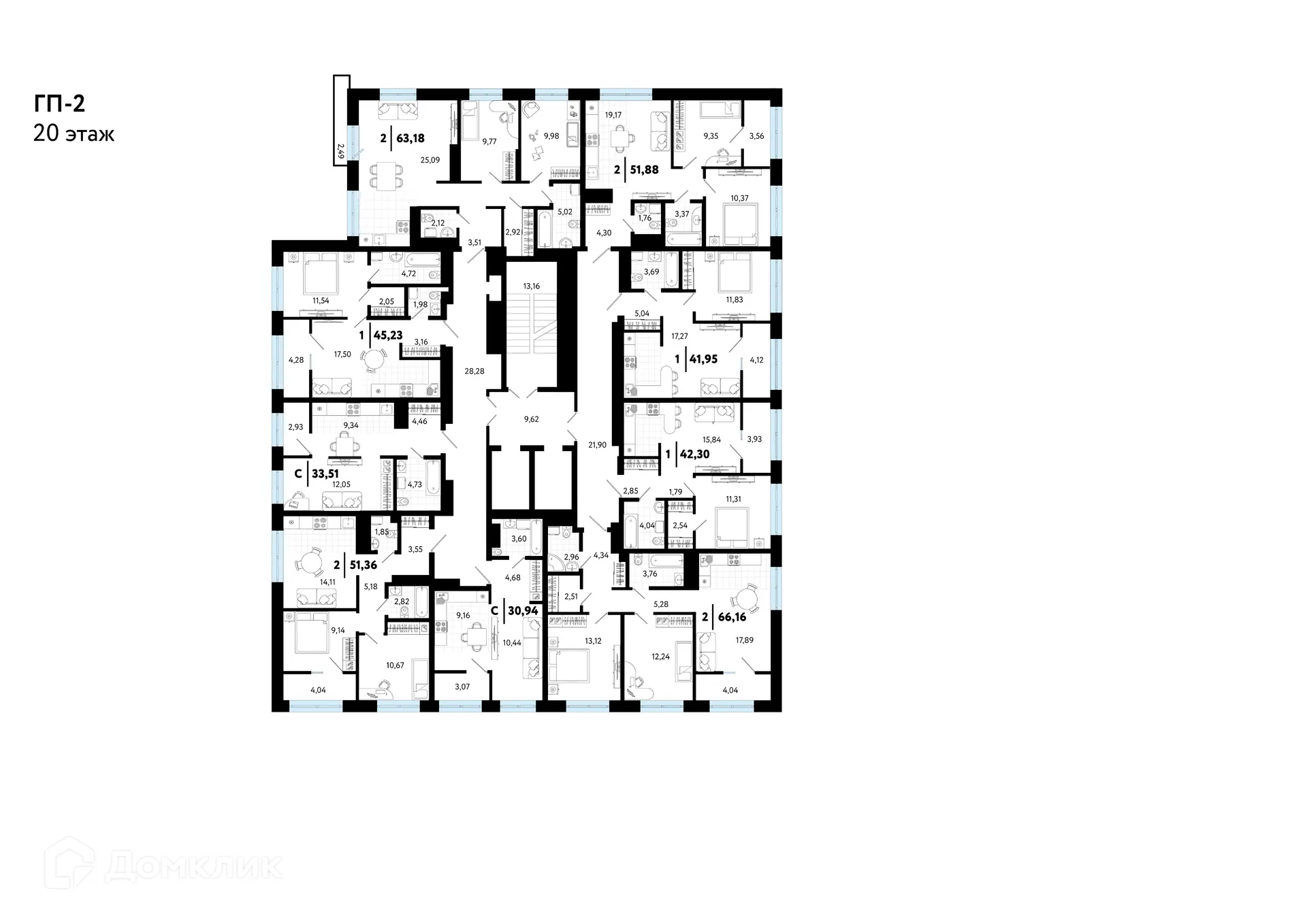 Планировка 1-комнатной квартиры 30.94 м² в ЖК "В Гагаринском парке", г. Тюмень — фото 2