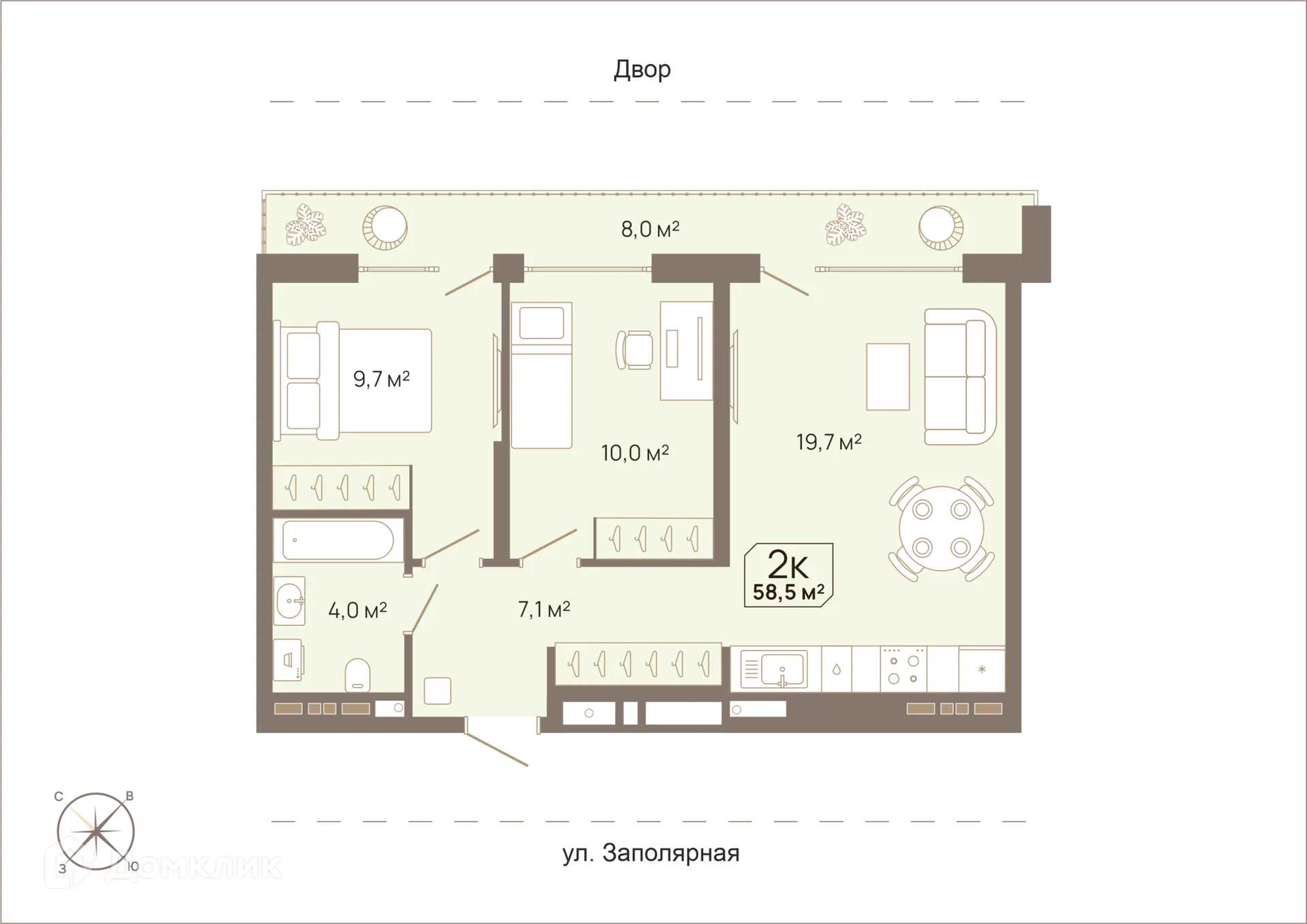 Планировка 2-комнатной квартиры 58.5 м² в ЖК Август, г. Тюмень — фото 1