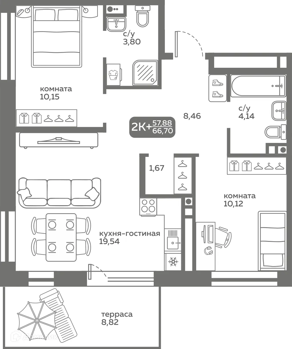 Планировка 2-комнатной квартиры 57.88 м² в ЖК Меридиан Слобода, г. Тюмень — фото 1