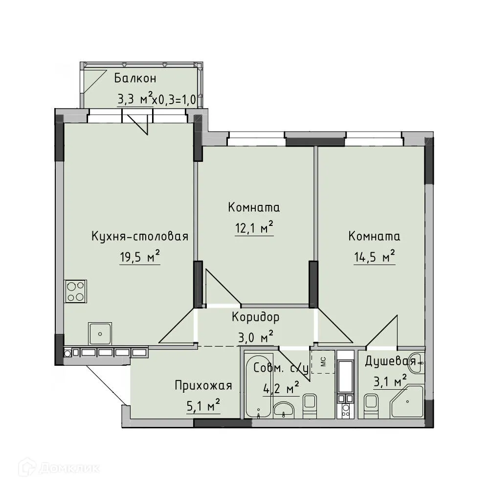 Планировка 2-комнатной квартиры 63 м² в ЖК Холмогоровский, г. Ижевск — фото 1