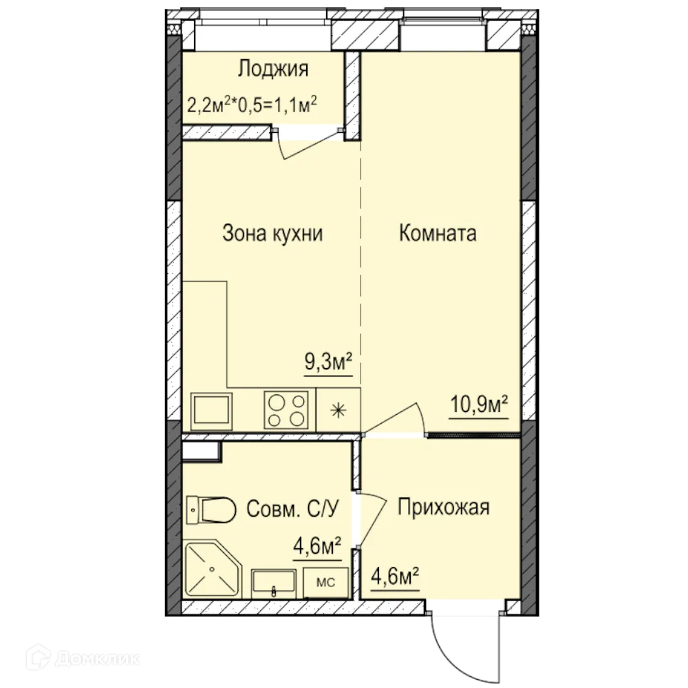 Планировка 1-комнатной квартиры 31 м² в ЖК Покровский, г. Ижевск — фото 1